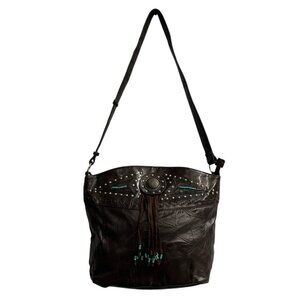 Vintage Shoulder Bag Brown Patchwork Leather Turquoise Beads Fringe Southwestern